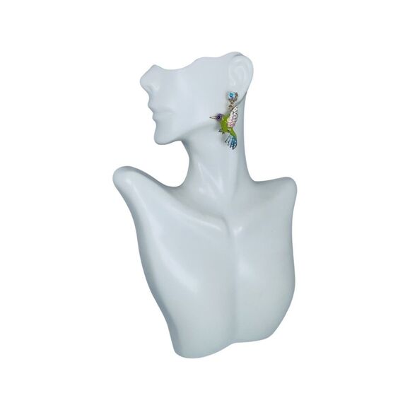 Betsey Johnson Hummingbird Dangle Earrings 2" Crystal Green Spring Ahead - Picture 5 of 11